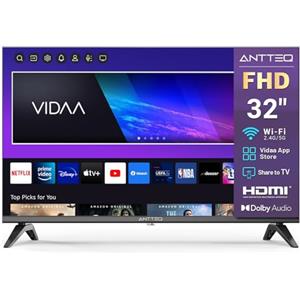 Antteq L32 Smart TV 32 Zoll Full HD, VIDAA OS, Ultra Slim TV Wi-Fi Triple Tuner DVB-T2/S2/C, App Store, Share to TV, DAZN,Netflix, Prime Video, YouTube [Classe di efficienza energetica F]