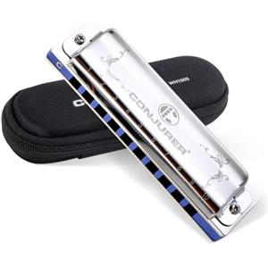 CONJURER Armonica Blues in C, Armonica Blues a 10 fori e 20 toni per adulti con custodia, Arpa a bocca per principianti, bambini, professionisti, studenti, amici, regali. (1005 Argento)