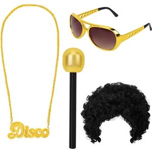 XEPST Discoteca Costume Set per le donne-4 pz Discoteca Accessori Set con parrucca Afro falso Karaoke Microfono Discoteca collana Occhiali da sole per Unisex 50/60/70 s Disco Party Accessori Halloween