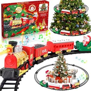 XUNIVERS Trenino Natalizio Elettrico per Bambini con Supporto Installazione, Treno Giocattoli Albero di Natale con Luci e Suoni, set di trenini giocattolo da posizionare intorno e sotto l'albero