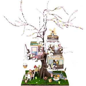 Crafts&Co Set da costruzione in miniatura, grande - incantevole casa sull'albero con fiori di ciliegio