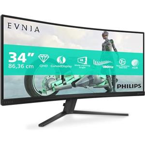 Philips Evnia 34M2C3500L - Monitor gaming curvo WQHD da 34 pollici, 180 Hz, 0,5 ms, FreeSync Premium, HDR10 (3440x1440, 2x HDMI, DisplayPort 1.4) grigio scuro