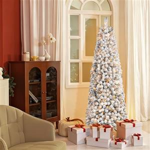 SHareconn Albero di Natale Artificiale 180cm Pre-Illuminato Slim con 180 Luci LED Bianco Caldo, Rami PVC ad Cerniera Innevate & Base Metallica, Albero Pencil Space Saving per Decorazione Casa Ufficio