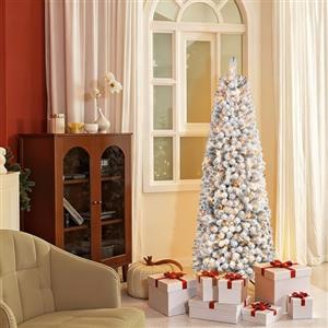 SHareconn Albero di Natale Artificiale 150cm Pre-Illuminato Slim con 130 Luci LED Bianco Caldo, Rami PVC ad Cerniera Innevate & Base Metallica, Albero Pencil Space Saving per Decorazione Casa Ufficio