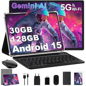 Dghrti 10 Pollici Tablet 30GB+128GB, 8000mAh, Android 15, FHD Schermo IPS, Processore Octa-Core, Certificazione GMS/ Widevine L1/ Controllo Parentale, Corpo in Metallo Tablets PC con Tastiera, Mouse -Grigio