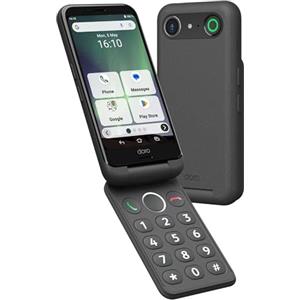 DORO - Pacchetto Smartphone Aurora A20 - Base di ricarica wireless - Telefono cellulare per anziani con flip - Tasto assistenza - GPS - Compatibile con apparecchi acustici - Cavo USB incluso - Grafite