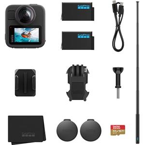 GoPro MAX2 + Pacchetto accessori - Include asta di prolunga da 1,2 m, 2 batterie Enduro da 1960 mAh, scheda microSD SanDisk da 64 GB