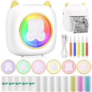 GuKKK Mini Stampante Fotografica, Mini Stampante Termica, Stampante Fotografica Istantanea Portatile con LED colorati, Mini Stampante Termica Bluetooth con Ricarica USB Stampante, per Note, Elenco, Memo