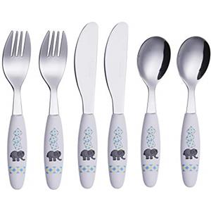 EXZACT Posate per Bambini in acciaio inox 6 pezzi Set - 2 x forchetta, 2 x coltelli, 2 x Cucchiai Cena (Elefante x 6)