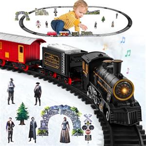 BUOAZR Trenino Elettrico per Bambini, Classico Treno Vapore Giocattolo con Fumo, Luci e Suoni, Trenino Sotto Albero di Natale, Train retrò natalizio con 4 Carri Treno, Decorazioni Natalizie