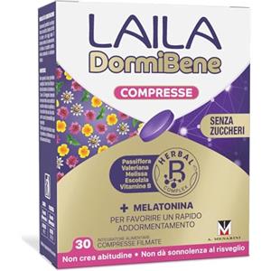 Laila DormiBene Compresse Integratore alimentare per il sonno con Herbal B Complex e Melatonina per favorire un rapido addormentamento. Confezione da 30 compresse. Senza zuccheri, Senza Glutine