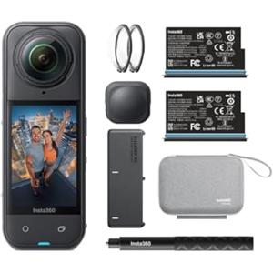 insta360 X5 Essentials Bundle - Telecamera sportiva impermeabile 8K a 360°, bassa luminosità, bastone per selfie invisibile, obiettivo robusto e sostituibile, batteria integrata da 3 ore, antivento