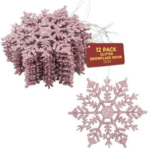 Festive Fix 12 x 10 cm fiocchi di neve glitterati da appendere in rosa - Decorazione per albero di Natale e compleanno