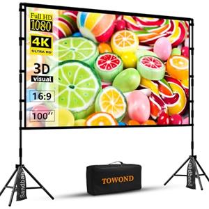 TOWOND Schermo proiettore con treppiede,Towond 100 pollici schermo proiettore interni cinema esterni,16:9 HD telo proiettore anteriore del giardino borsa trasporto per notti del teatro della festav