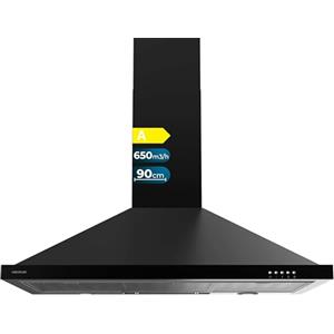 Cecotec Cappa aspirante piramidale 90 cm Bolero Flux PM 906500 Black A. Motore 165 W, finitura nera, aspirazione 650 m3/h, controllo meccanico, 3 livelli di potenza, luce e filtro al carbonio