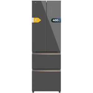 Cecotec Frigorifero Congelatore 4 Porte Francese Bolero CoolMarket Combi F2D 400 Grey Glass E. Frigorifero 400L, Vetro Grigio, NoFrost, MultiAirFlow, Inverter, Modalità ECO, Vaschette frutta e allarmi