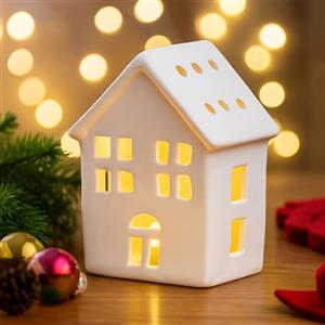 Nexoria Decorazione natalizia in ceramica, casa di Natale con luce a LED, casa di Natale illuminata, in porcellana, colore bianco, casa luminosa a LED, lanterna per casa di Natale, lanterna per