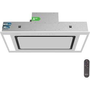 Cecotec Cappa Aspirante a Isola 90 cm - Cappa Cucina. Bolero Flux TIR 908000 Glass White A++ Cappa 90cm acciaio bianco, Flusso d'Aria 800m3/h, 210W, A++, Touch, LED, Carbonio Ø176, alluminio 5 strati