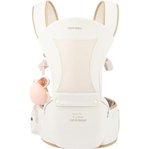 Bebamour Marsupio per neonati e bambini piccoli, seduta per i fianchi 0-36 mesi con cappuccio, 3 imbottiture anti-morso, prolunga per i fianchi, borsa portaoggetti e custodia per ciucci,beige