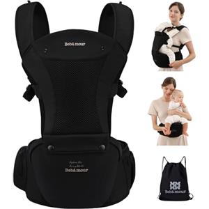 Bebear Marsupio,Bebamour Marsupio per 0-36 mesi, marsupio traspirante da neonato a bambino, approvato dagli standard di sicurezza, seggiolino ergonomico 6 in 1 anteriore,Cotton Black