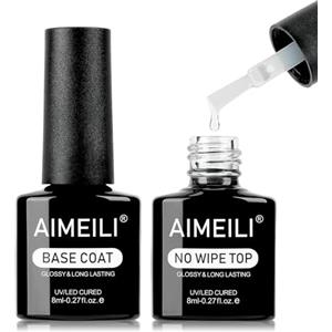 AIMEILI No Wipe Top e Base Coat Set Smalto Semipermanente per Unghie in Gel Soak Off UV LED Gel Unghie Kit per Manicure, Brillante e di Lunga Durata 2×8ml