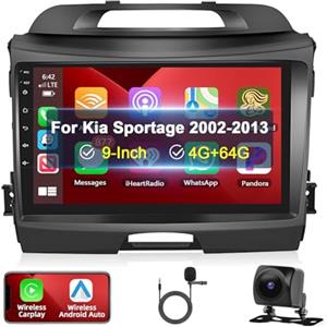 Motorsi 4GB+64GB Carplay Autoradio per Kia Sportage 2010-2016, 9" Android Radio con Wireless Android Auto GPS WiFi Hifi Bluetooth 5.0 RDS FM Navigazione 2USB SWC Canbus+AHD Telecamera Posteriore+MIC
