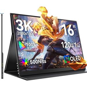 UPERFECT 3K OLED 120Hz 16" Monitor Portatile con 100000:1 500 Nit 2880 * 1800 16:10 DCI-P3 Schermo Mini HDMI USB C per PC Laptop Cellulare Console di Gioco, Alloggiamento in Metallo, Compatibile VESA