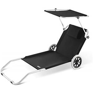 Casaria® Lettino da Spiaggia Kreta Pieghevole Trasportabile 2 Ruote con Cuscino Tettuccio Parasole Sdraio Prendisole