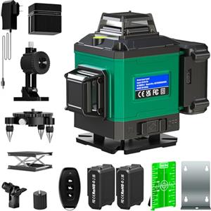 Healfith Livella Laser Autolivellante 16 Linee, 4 X 360 °Livello Laser Autolivellante Verde, 2 x Batterie, Autolivellante, Supporto rotante, Telecomando, Base Magnetica