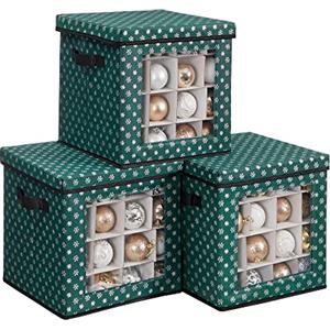 SONGMICS Set di 3 scatole portaoggetti per decorazioni natalizie, cassapanca per palline di Natale, 64 scomparti, divisori componibili, 30,5 x 30,5 x 30,5 cm, verde RFB029G01