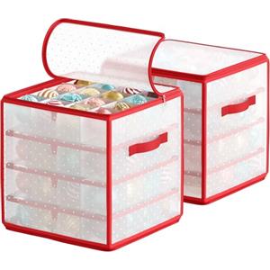 SONGMICS Contenitori per Palline di Natale, Scatole per Decorazioni Natalizie, Set di 2, 128 Posti da 7,6 cm, Vassoi Rimovibili, 33,5 x 33,5 x 34 cm, Rosso Ciliegia RFB029T02