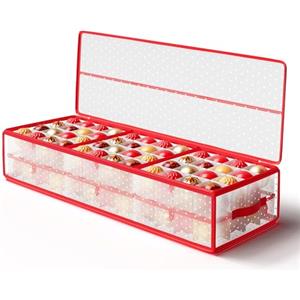 SONGMICS Contenitore Sottoletto per Palline di Natale e Decorazioni Natalizie, 96 Scomparti da 7,6 cm, 96,5 x 33,5 x 17,5 cm, con Divisori, Cerniera Lampo e Maniglie, Rosso Ciliegia RFB031T02