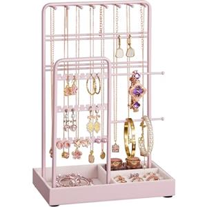 SONGMICS Portagioie, Porta Collane e Orecchini, Espositore per Gioielli, Metallo, Vassoio in Velluto, per Collane Bracciali Orecchini Anelli, Idea regalo, Rosa Pastello JJS021R01