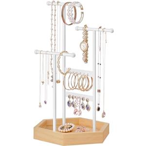SONGMICS Espositore Portagioie, per Natale, Porta Collane e Orecchini, 4 Partizioni, Supporto per Gioielli, in Metallo, Supporto per Bracciali Anelli, Idea Regalo, Bianco e Naturale JJS03NW