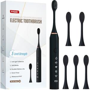 Y-Kelin Spazzolino elettrico da 30.000 Vpm, ricaricabile, 6 testine, timer intelligente di 2 minuti, 5 modalità, con sbiancamento dei denti, nero