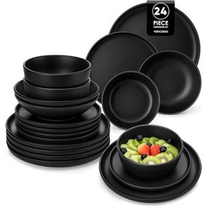 vancasso PLAYA Servizio Piatti per 6 Persone, 24 Pezzi, Set Piatti Moderni in Gres - 6 Piatti Piani, 6 da Dessert, 6 Fondi e 6 Ciotole Cereali - Adatto per Lavastoviglie e Microonde - Smalto Nero