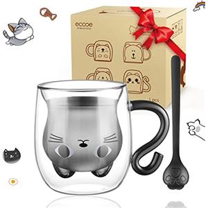 ecooe Simpatico Tazza Gatto Doppia Parete 290ml da Caffè Cappuccino Latte Macchiato con Manico Cucchiaio Bicchiere Vetro Borosilicato Trasparente