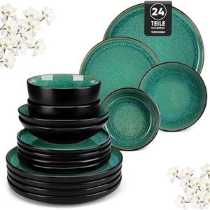 vancasso PLAYA Servizio Piatti per 6 Persone, 24 Pezzi, Set Piatti Moderni in Gres - 6 Piatti Piani, 6 da Dessert, 6 Fondi e 6 Ciotole Cereali - Adatto per Lavastoviglie e Microonde - Smalto Verde