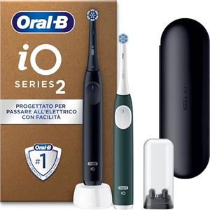 Oral-B iO 2 DUO Spazzolino Elettrico Oral B, Nero e Verde, 2 Testine Di Ricambio e Spazzolini, Custodia Da Viaggio, Porta Ricarica Da Viaggio. Delicato sulle Gengive, Sensore di Pressione