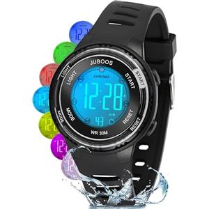Juboos Orologio Bambina,con Cinturino Stampato e 7 Luci Colorate,Orologio Digitale Impermeabile per Bambini con Orecchie da Gatto per Ragazzo e Ragazza da 4 a 12 Anni (nero)