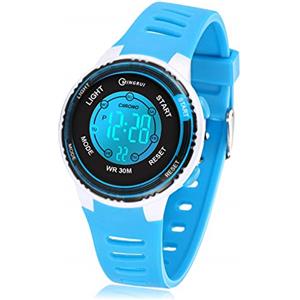 Juboos Orologio Bambina,con Cinturino Stampato e 7 Luci Colorate,Orologio Digitale Impermeabile per Bambini con Orecchie da Gatto per Ragazzo e Ragazza da 4 a 12 Anni (Blu chiaro - bianco)