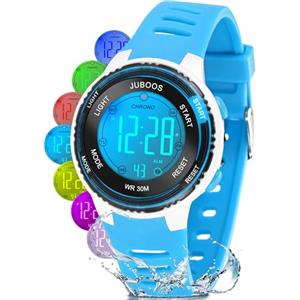 Juboos Orologio Bambina,con Cinturino Stampato e 7 Luci Colorate,Orologio Digitale Impermeabile per Bambini con Orecchie da Gatto per Ragazzo e Ragazza da 4 a 12 Anni (Blu chiaro)