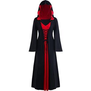 CNVAUIE Costume da strega vintage per Halloween, costume medievale rinascimentale, costume da strega vampiro di Halloween con cappuccio (nero-rosso, XL)