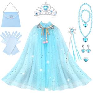 AOOWU Mantello da Principessa Bambina, 11 Pezzi Mantello di Tulle Glitter per Ragazze, Costume da Principessa con Corona, Bacchetta, Collana, Anello, Orecchini, per Feste, Giochi di Ruolo, Halloween