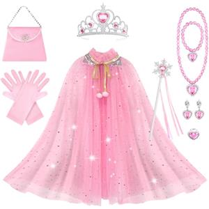 AOOWU Mantello da Principessa Bambina, 11 Pezzi Mantello di Tulle Glitter per Ragazze, Costume da Principessa con Corona, Bacchetta, Collana, Anello, Orecchini, per Feste, Giochi di Ruolo, Halloween