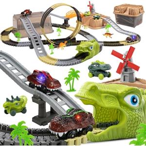 TUMAMA Pista Da Corsa Dinosauro Macchinine Elettrica a 360 Loops, 255 Pezzi Trenino Elettrico e Ferrovie Per Bambini 3 5 6 9 Anni Con 2 Auto, Set Di Pista Macchine Dino Giocattolo, Camion Cars Giochi