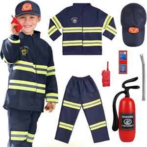 AYBUY Costume da Pompiere per Bambini, 8 PCS Costume Pompiere Bambino con Accessori di Pompieri, Pompiere Costume per Gioco d'Imitazione, Vestito Carnevale Halloween Gioco Regali(Blu)