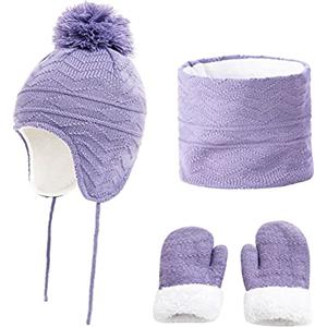 JFAN Cappello Inverno Bambino Bambini Cappello a Maglia Berretto con Pompon Cappello con Sciarpa Guanti Cappello Caldo Set 3 Pezzi-Rosa S