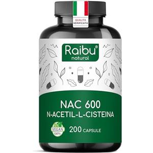 RAIBU NAC N-Acetil-Cisteina 600mg - 200 capsule - 100% NATURALE - Vegano e senza additivi - Altamente dosato - Qualità Premium - Prodotte da Raibu