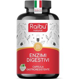 RAIBU Enzimi Digestivi - Alta Concentrazione di Enzimi: Amilasi, Proteasi, Lattasi, Lipasi, Bromelina, Papaina - Capsule Gastroresistenti - Con Probiotico - 90 Capsule Vegane, Senza Additivi